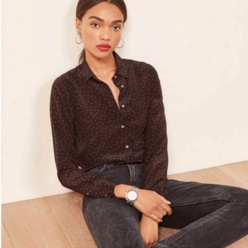 Reformation Silk Button Down in Red Polka Dot